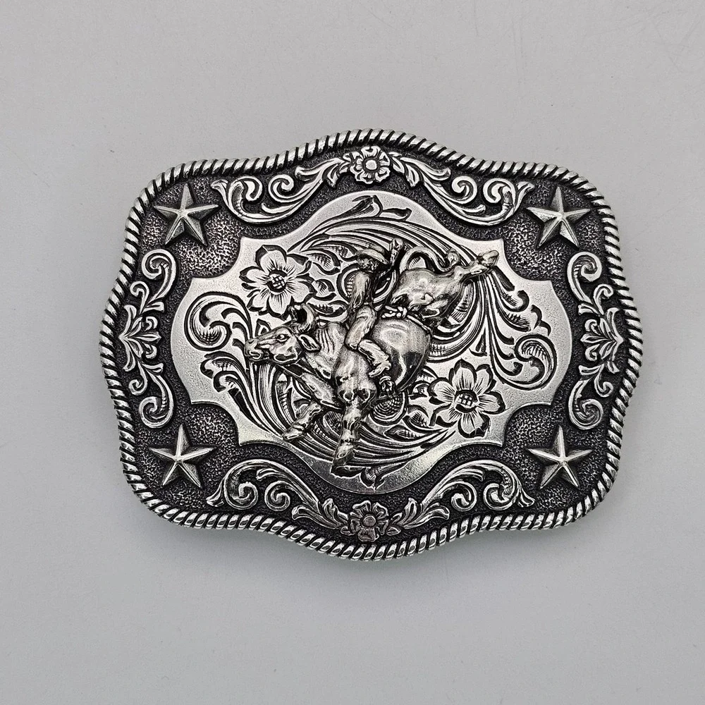 Nocona Western‎ Belt Buckle Bull Rider Rope Edge Rectangular Silver Tone Stars